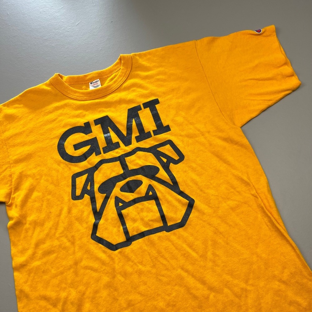 Champion T-Shirt Mens Large Yellow GMI Bulldogs Graphic Made in USA Vintage